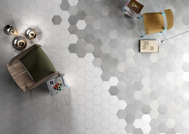 Surface Mate tiles in Marble Bianco and Terra in Fumo 635x449